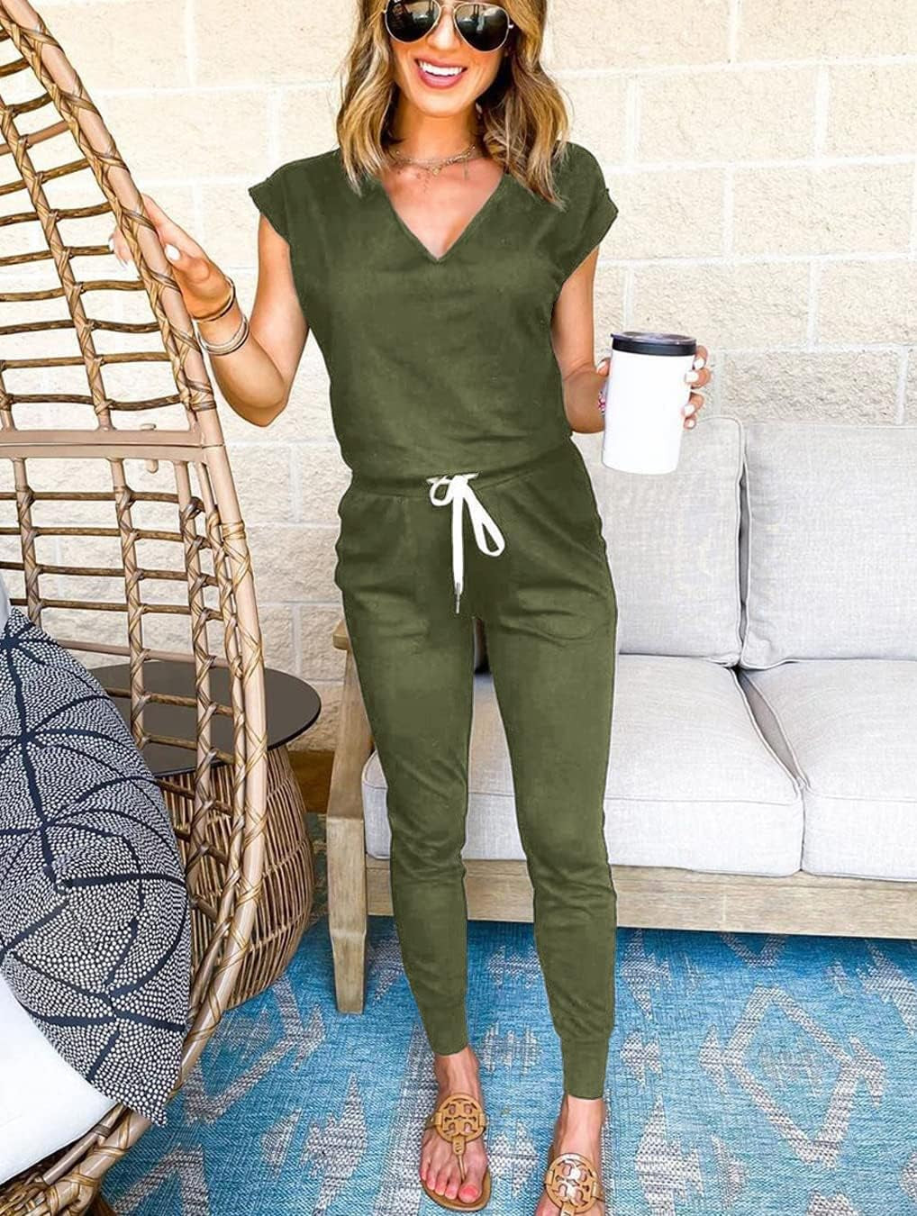 Women'S Two Piece Tracksuit Casual Summer V Neck Short Sleeve Tops Drawstring Jogger Pants Lounge Outfit Sets