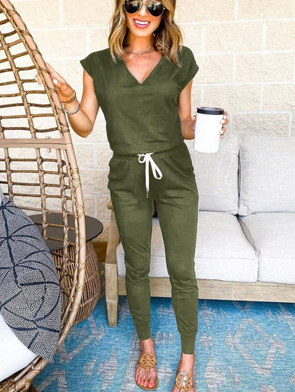 Women'S Two Piece Tracksuit Casual Summer V Neck Short Sleeve Tops Drawstring Jogger Pants Lounge Outfit Sets
